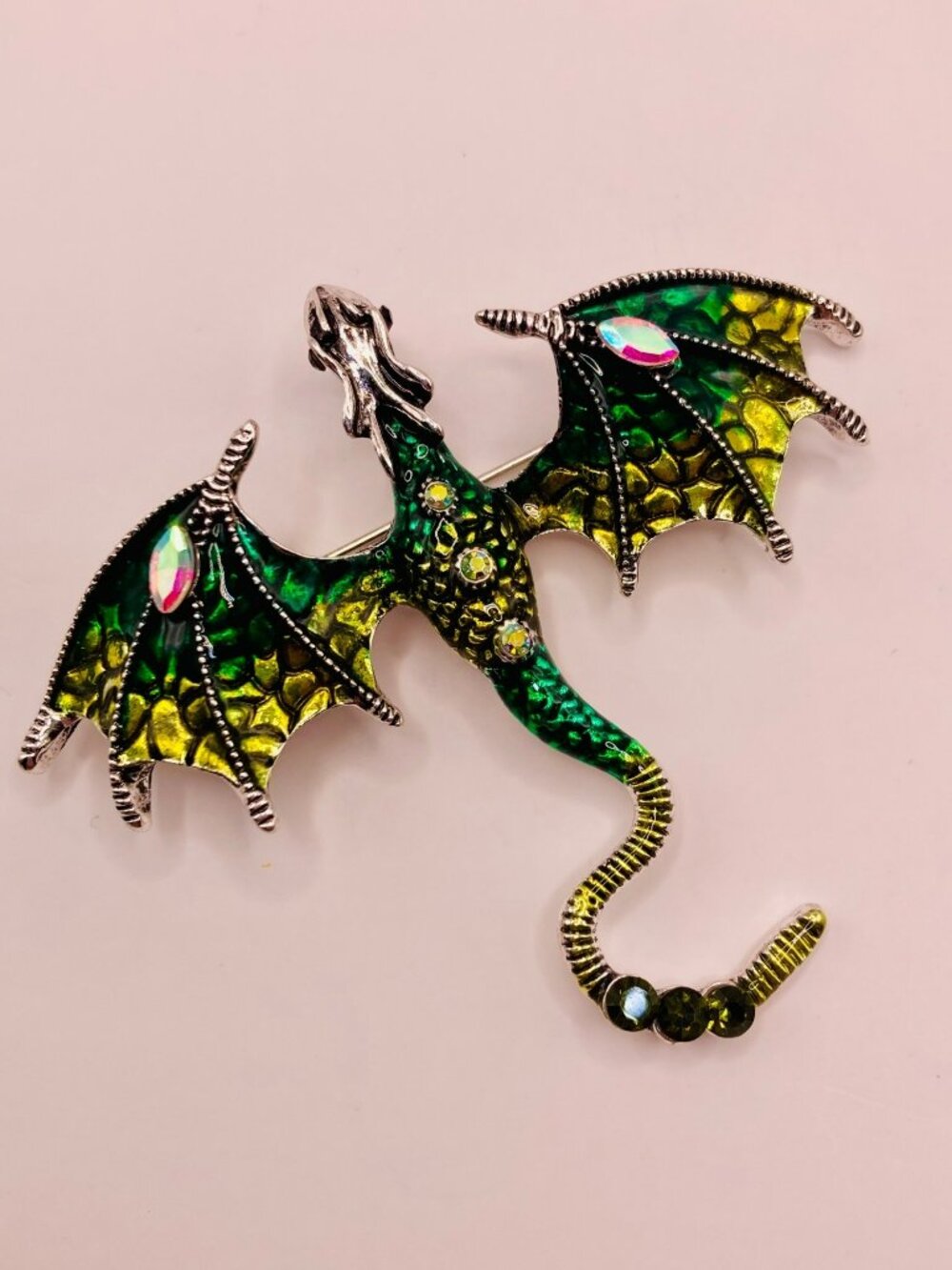 Dragon-Shaped Enamel Brooch Rhinestones Green & Yellow Metallic Finish -58B